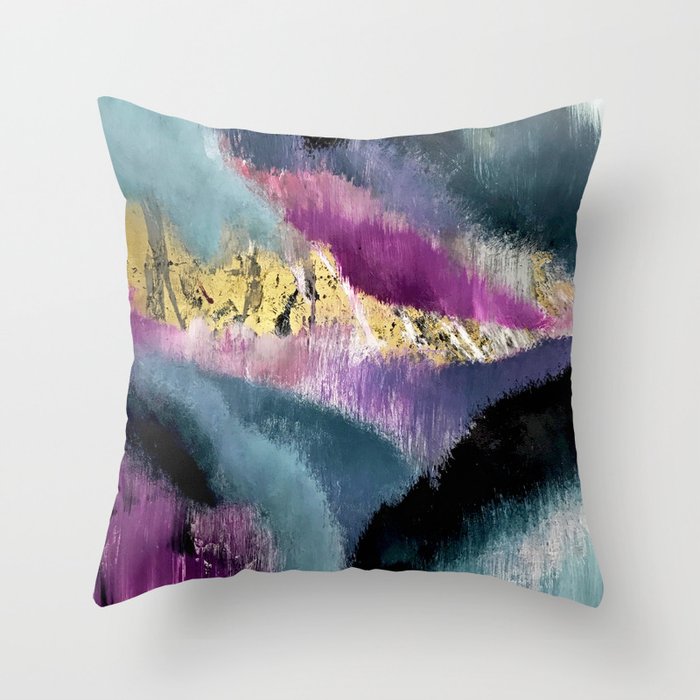 Gemini: a vibrant, colorful abstract piece in gold, purple, blue, black, and white Throw Pillow