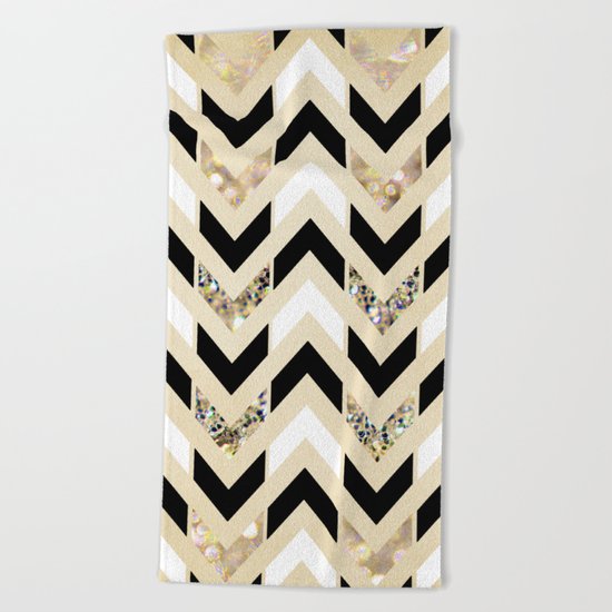 Black, White & Gold Glitter Herringbone Chevron on Nude Cream Beach Towel