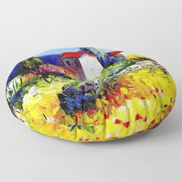 Mediterranean villa colorful tropical countryside garden and flowers flora and fauna landscape acrylic painting Floor Pillow