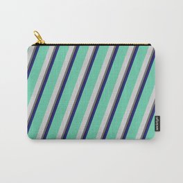 [ Thumbnail: Vibrant Midnight Blue, Aquamarine, Light Gray, Dim Gray, and Black Colored Pattern of Stripes Carry-All Pouch ]