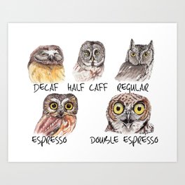 Owl Caffeine Meter -  funny owl coffee Art Print