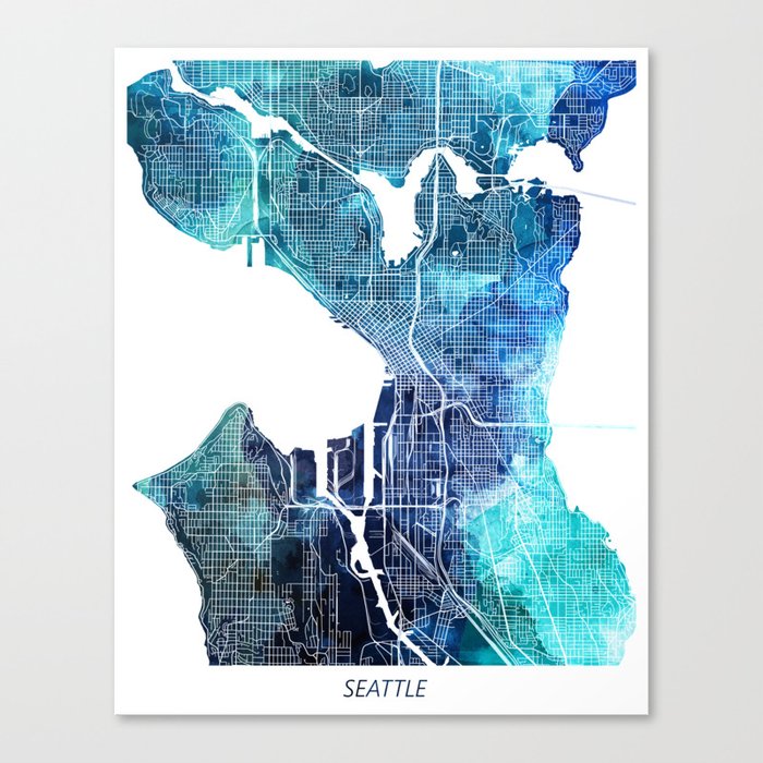 Seattle Washington State Map Navy Blue Turquoise Watercolor Canvas Print