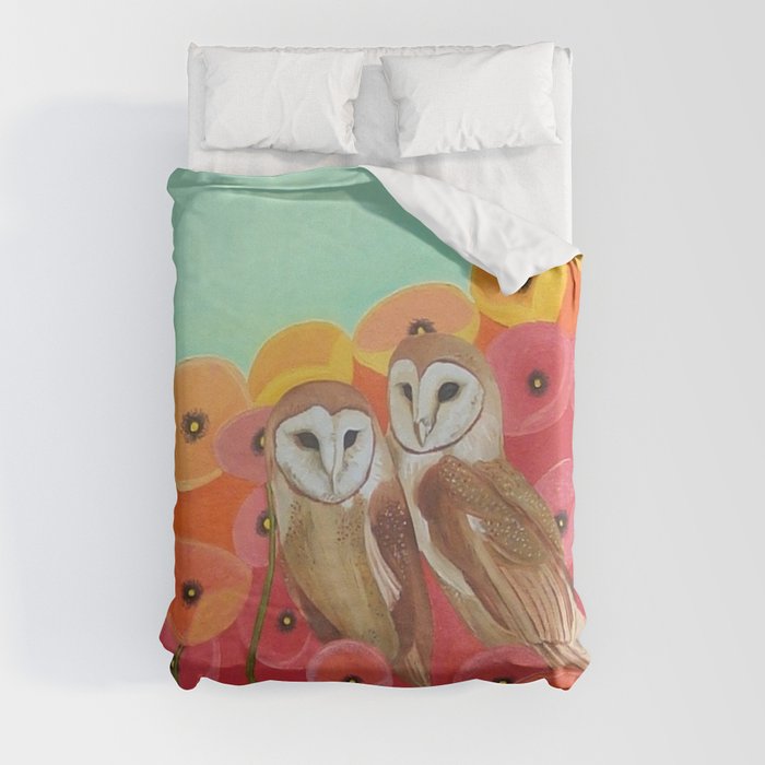 Owls in a Poppy Field Duvet Cover