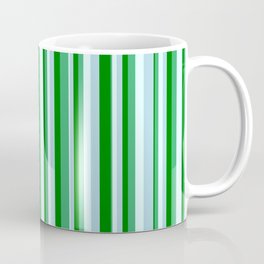 [ Thumbnail: Light Cyan, Light Blue, Green, and Sea Green Colored Pattern of Stripes Coffee Mug ]