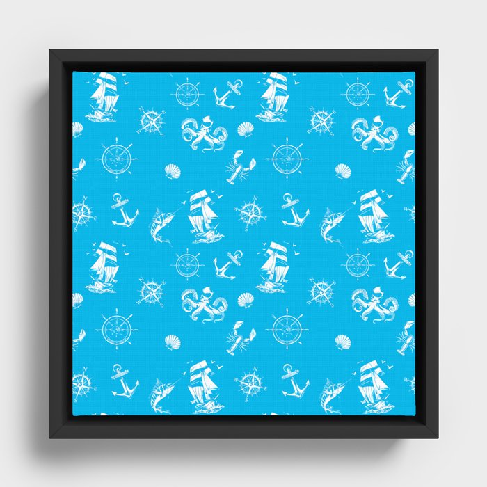  Turquoise And White Silhouettes Of Vintage Nautical Pattern Framed Canvas