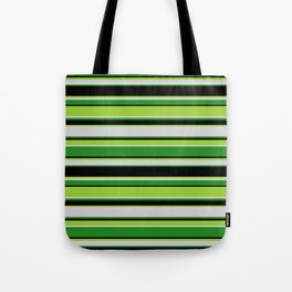 [ Thumbnail: Green, Light Gray, Forest Green, and Black Colored Stripes Pattern Tote Bag ]