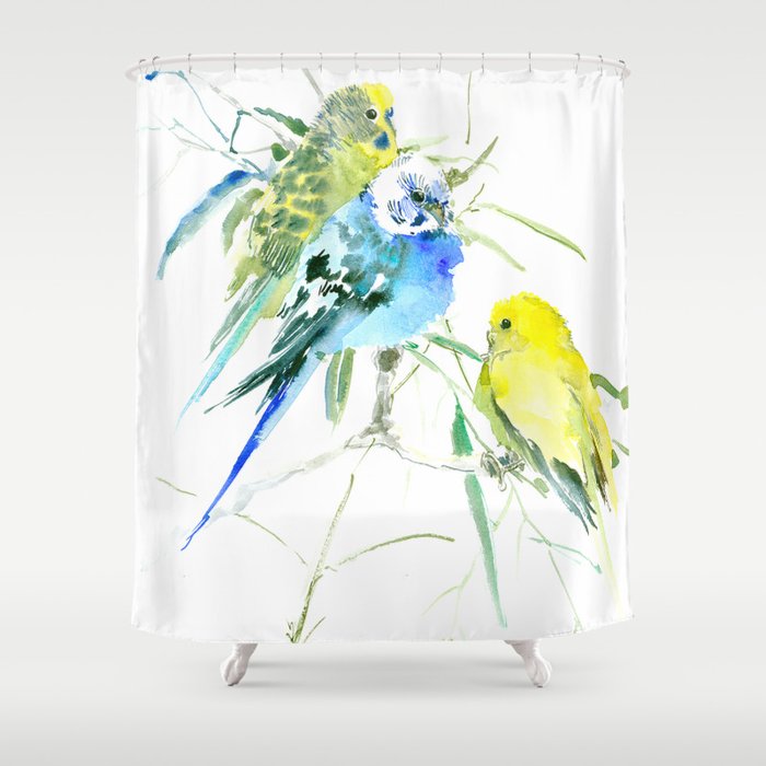 Parakeets Green Yellow Blue Bird Decor, Green And Yellow Shower Curtain