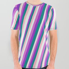[ Thumbnail: Eye-catching Pink, Mint Cream, Orchid, Dark Orchid & Dark Cyan Colored Stripes Pattern All Over Graphic Tee ]