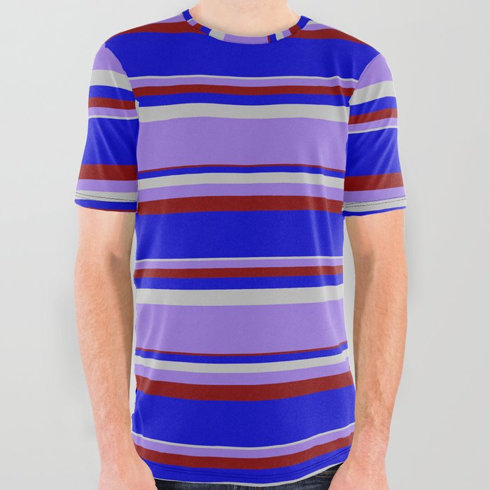 Grey, Purple, Maroon & Blue Colored Lined/Striped Pattern All Over Graphic Tee