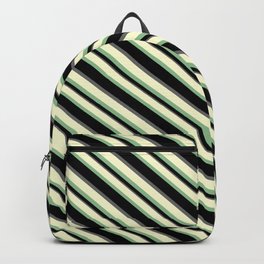 [ Thumbnail: Light Yellow, Dark Sea Green, Black, and Dim Gray Colored Striped Pattern Backpack ]