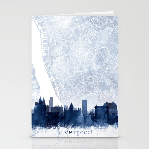 Liverpool Skyline & Map Watercolor Navy Blue, Print by Zouzounio Art Stationery Cards