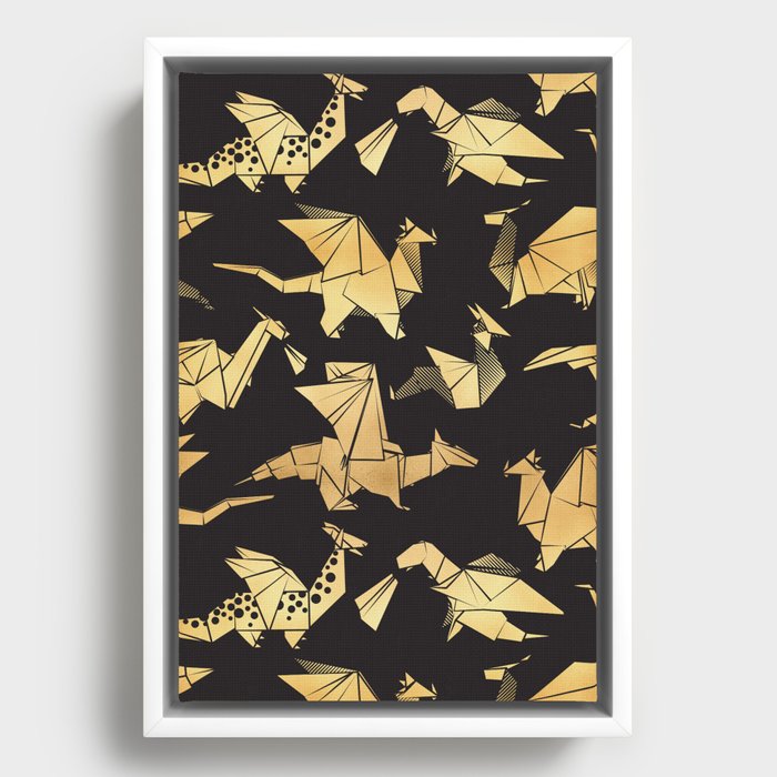Origami metallic dragon friends // black background golden fantasy animals Framed Canvas