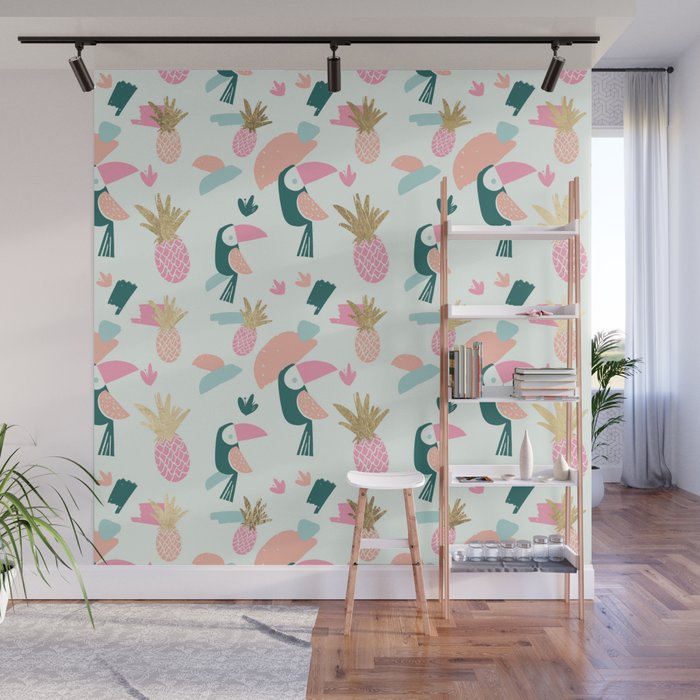 Summer Tropical Gold Pineapple Pink Green Toucan Brushstrokes Wall Mural
