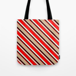 [ Thumbnail: Red, Light Cyan, Tan, and Black Colored Lines/Stripes Pattern Tote Bag ]