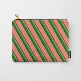 [ Thumbnail: Forest Green, Dark Green & Salmon Colored Stripes Pattern Carry-All Pouch ]