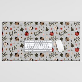 Ladybug and Floral Seamless Pattern on Light Grey Background Desk Mat