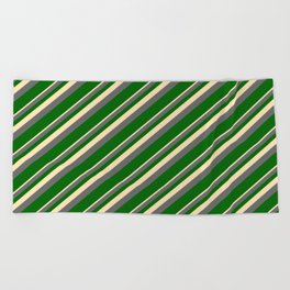 [ Thumbnail: Beige, Dim Gray & Dark Green Colored Lined Pattern Beach Towel ]