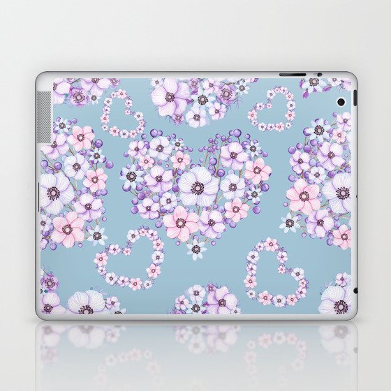 Blush Blue Lilac Lavender Pink Valentine Floral Hearts Laptop & iPad Skin