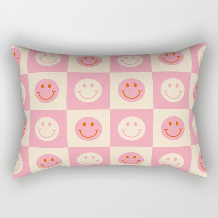70s Retro Smiley Face Tile Pattern in Pink & Beige Rectangular Pillow