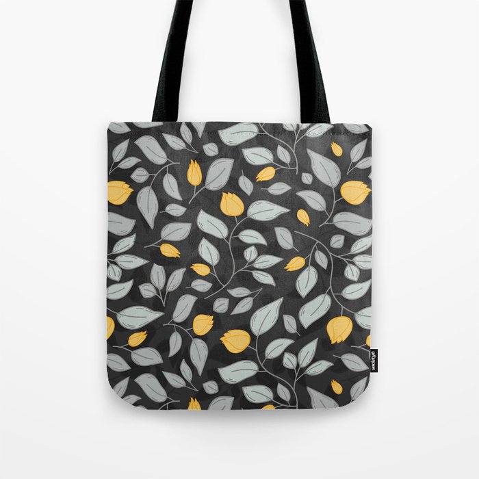 Yellow tulips pattern on a black background Tote Bag