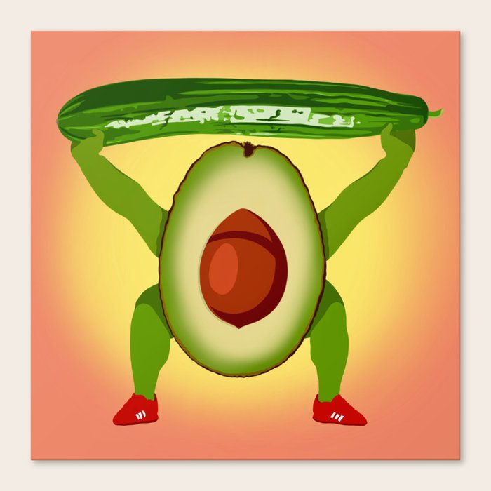 Avocado weight lifting a cucumber at the summer edition of Seasonal