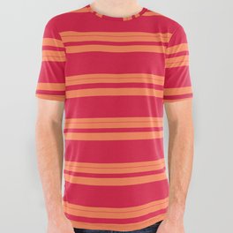 [ Thumbnail: Coral and Crimson Colored Striped/Lined Pattern All Over Graphic Tee ]