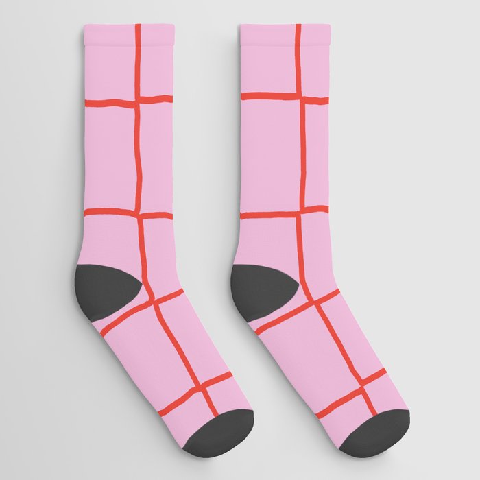 Retro Pink + Red Tiles Checker Plaid Socks