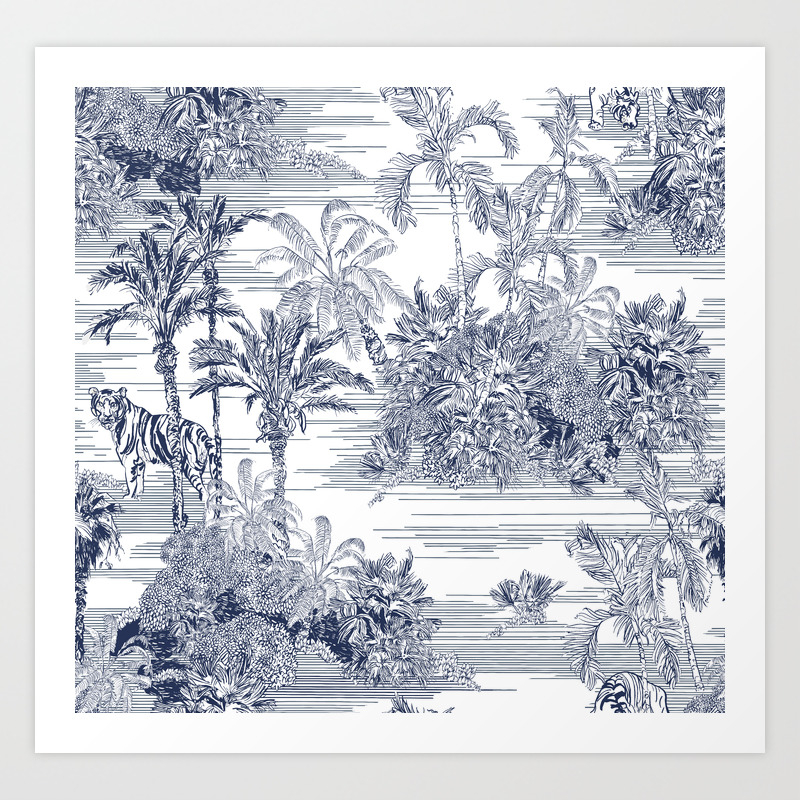 Toile Engraving Tropical Islands Seamless Pattern, Oriental Palm Trees  Wallpaper, Wildlife Tigers in Exotic Plants Ocean Beach Blue on White  Background, Linear Jungle Oceania India Landscape design Art Print by The  House