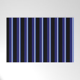 [ Thumbnail: Royal Blue, Black, Midnight Blue & White Colored Striped Pattern Welcome Mat ]