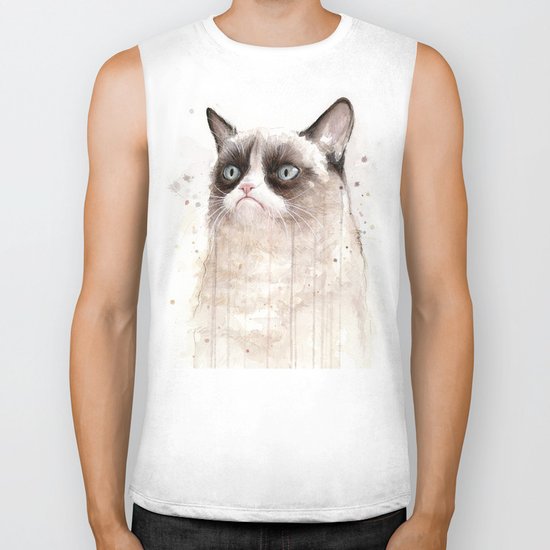 Grumpy Watercolor Cat Geek Meme Whimsical Animals Biker Tank