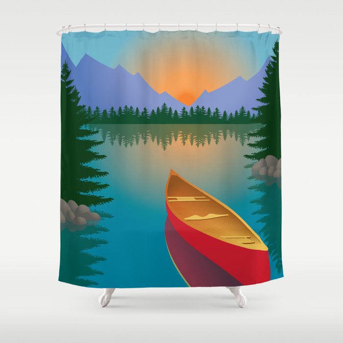 Canoe in a Mountain Lake Pine Tree Forest Shower Curtain