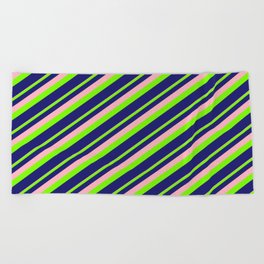 [ Thumbnail: Light Pink, Green, and Midnight Blue Colored Striped/Lined Pattern Beach Towel ]