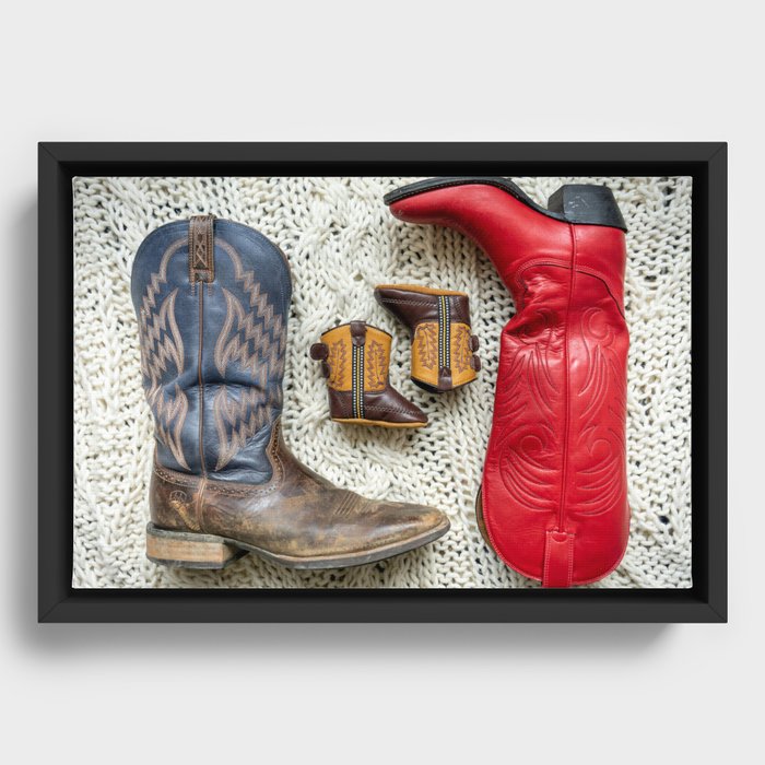 Cowboy Boots - Birdseye View - Warm, Soft, Bright - Red, Blue, Brown, White Framed Canvas
