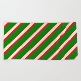 [ Thumbnail: Brown, Green & Bisque Colored Stripes Pattern Beach Towel ]