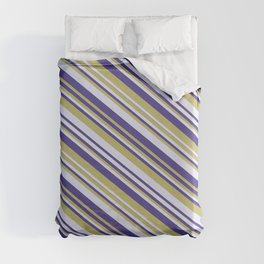 [ Thumbnail: Dark Slate Blue, Dark Khaki & Lavender Colored Striped Pattern Duvet Cover ]