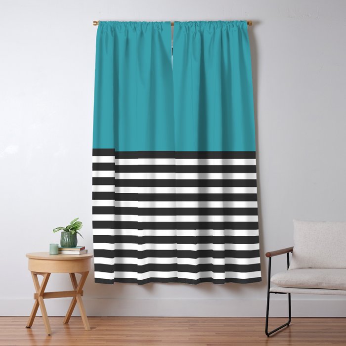 Half Striped Gray Solid Turquoise Blackout Curtain By