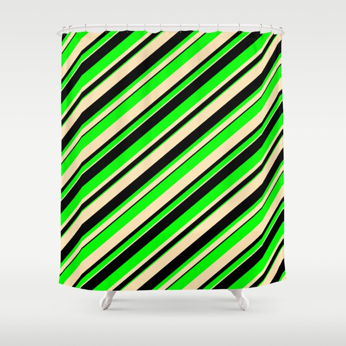 Beige, Black & Lime Colored Lined/Striped Pattern Shower Curtain