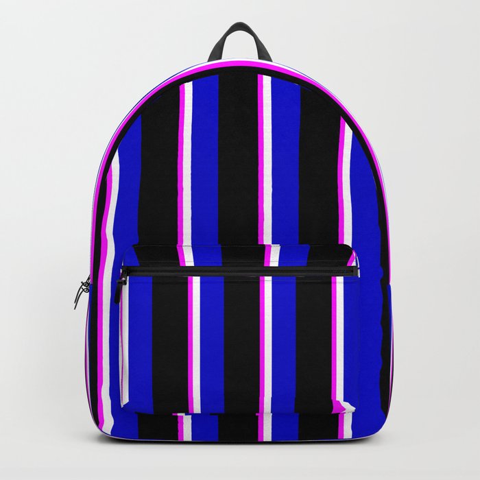 Fuchsia, White, Blue, and Black Colored Lines Pattern Backpack