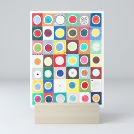 Abstract geometric colorful grid colored pencil original drawing of mysterious symbols and half circles.  Mini Art Print
