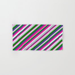 [ Thumbnail: Eye-catching Dark Slate Blue, Deep Pink, Lavender, Grey, and Green Colored Striped/Lined Pattern Hand & Bath Towel ]