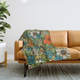 70s Plate Throw Blanket | Turquoise, Original, Romantic, Hippie, Drawing, Green, Floral, Khaki, Orange, Retro 