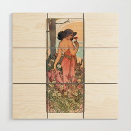 Alphonse Mucha Brunette Girl In The Forest With Pink Dress And Flowers Wood Wall Art