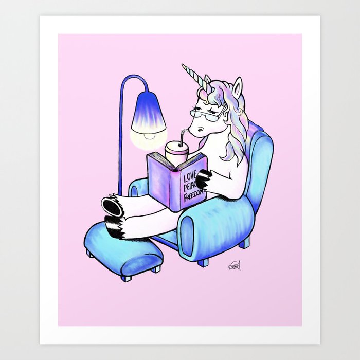 Reading Unicorn Rose Pink Art Print By