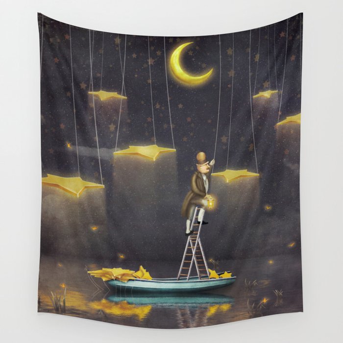 Man Reaching For Stars At Top Of Tall Ladder Wall Tapestry By