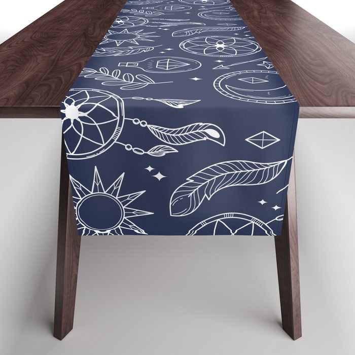 Navy Blue And White Hand Drawn Boho Pattern Table Runner