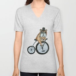 English Bulldog Riding a Penny-farthing V Neck T Shirt