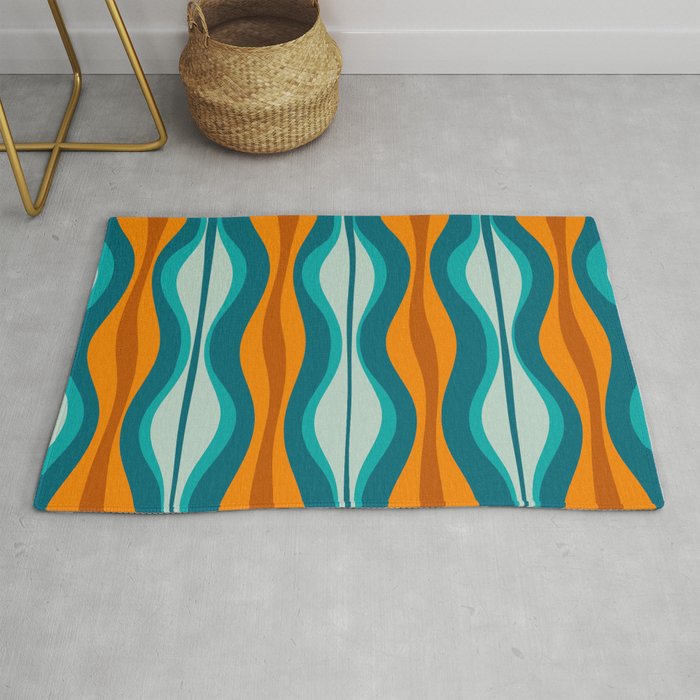 Hourglass Mid Century Modern Abstract Pattern in Turquoise, Aqua, Orange, and Rust Rug