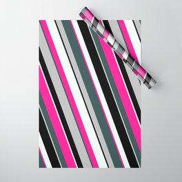 [ Thumbnail: Deep Pink, Dark Slate Gray, Grey, Black, and Mint Cream Colored Lined Pattern Wrapping Paper ]