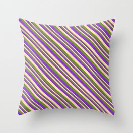 [ Thumbnail: Purple, Tan, and Green Colored Lines Pattern Throw Pillow ]