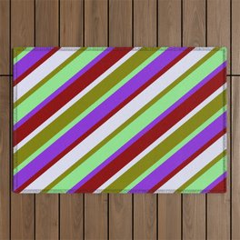 [ Thumbnail: Vibrant Light Green, Purple, Dark Red, Lavender, and Green Colored Lined/Striped Pattern Outdoor Rug ]